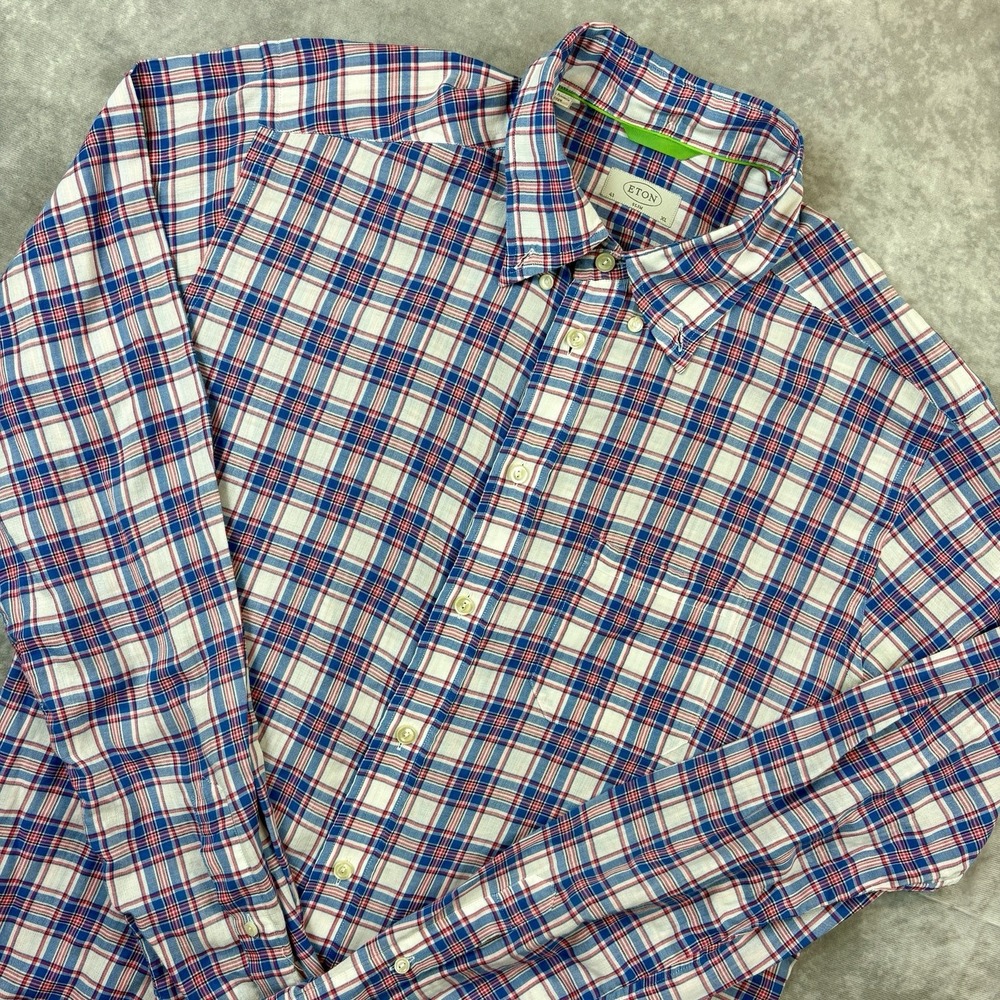 Eton Button‎ Down Shirt Men's XL 43 Blue White Slim Geometric Preppy Stretch